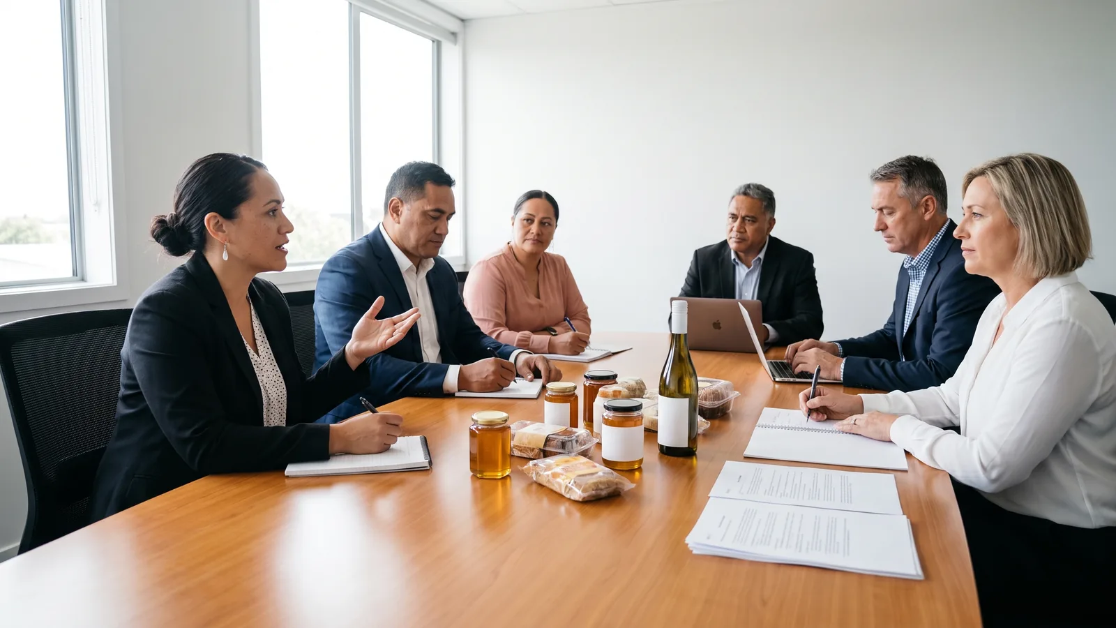 An export company's board meets around a table of product samples and papers as one director speaks