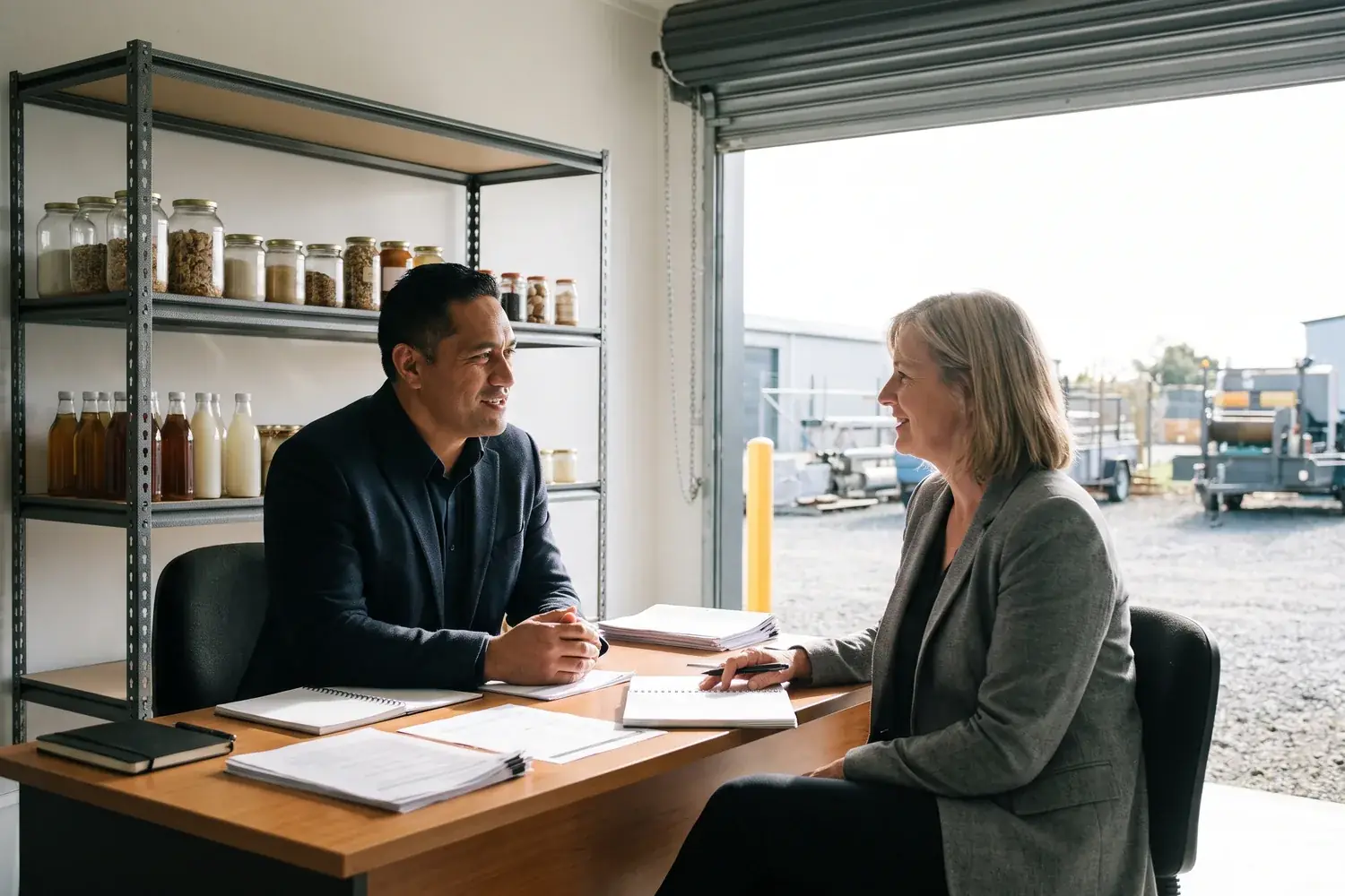 Two executives talk across a desk in a light-industrial office, food products on the shelf and the roller door open