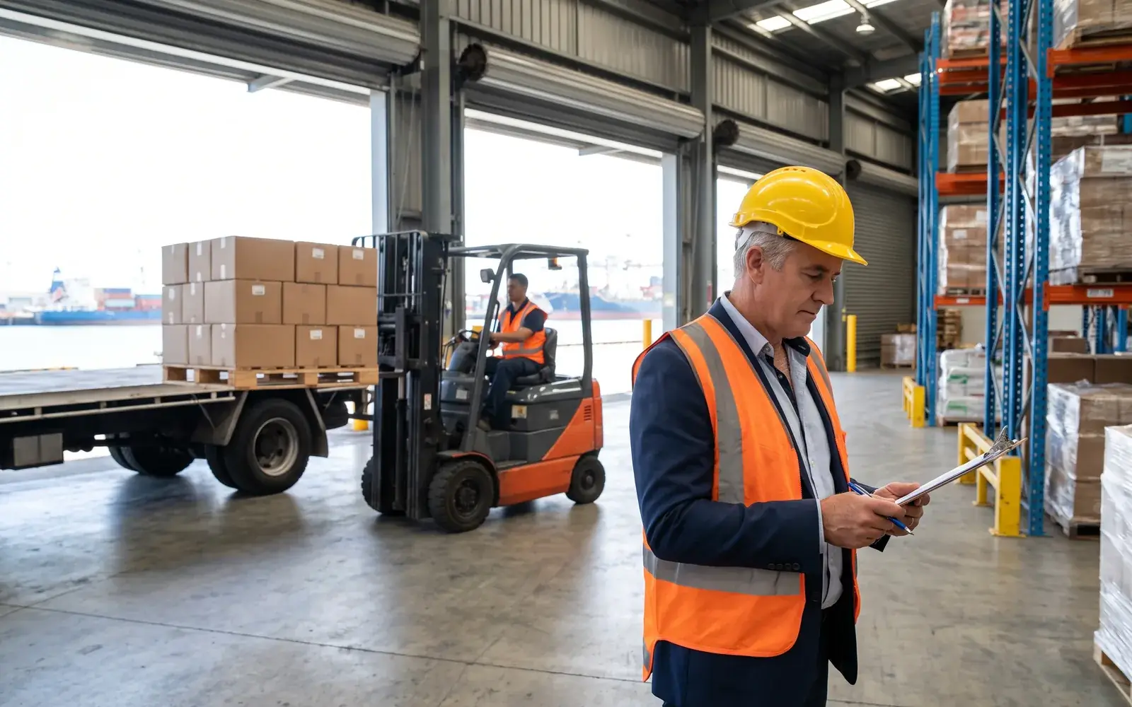 An executive in hi-vis and a hard hat checks a clipboard in a harbourside export warehouse as pallets are loaded