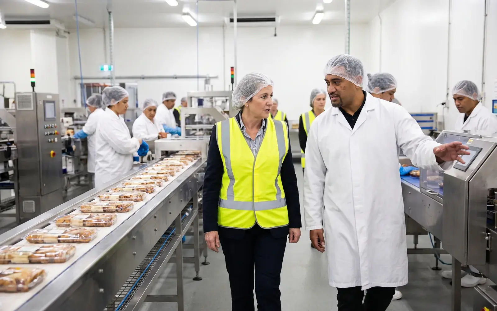 An executive and a production team leader walk a food-processing line, both in hairnets and hi-vis