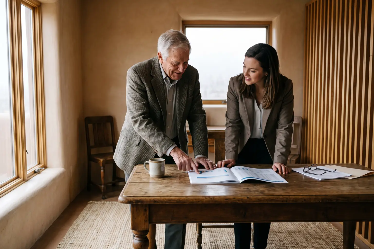 A senior principal and a younger successor in a refined office, considering the road ahead