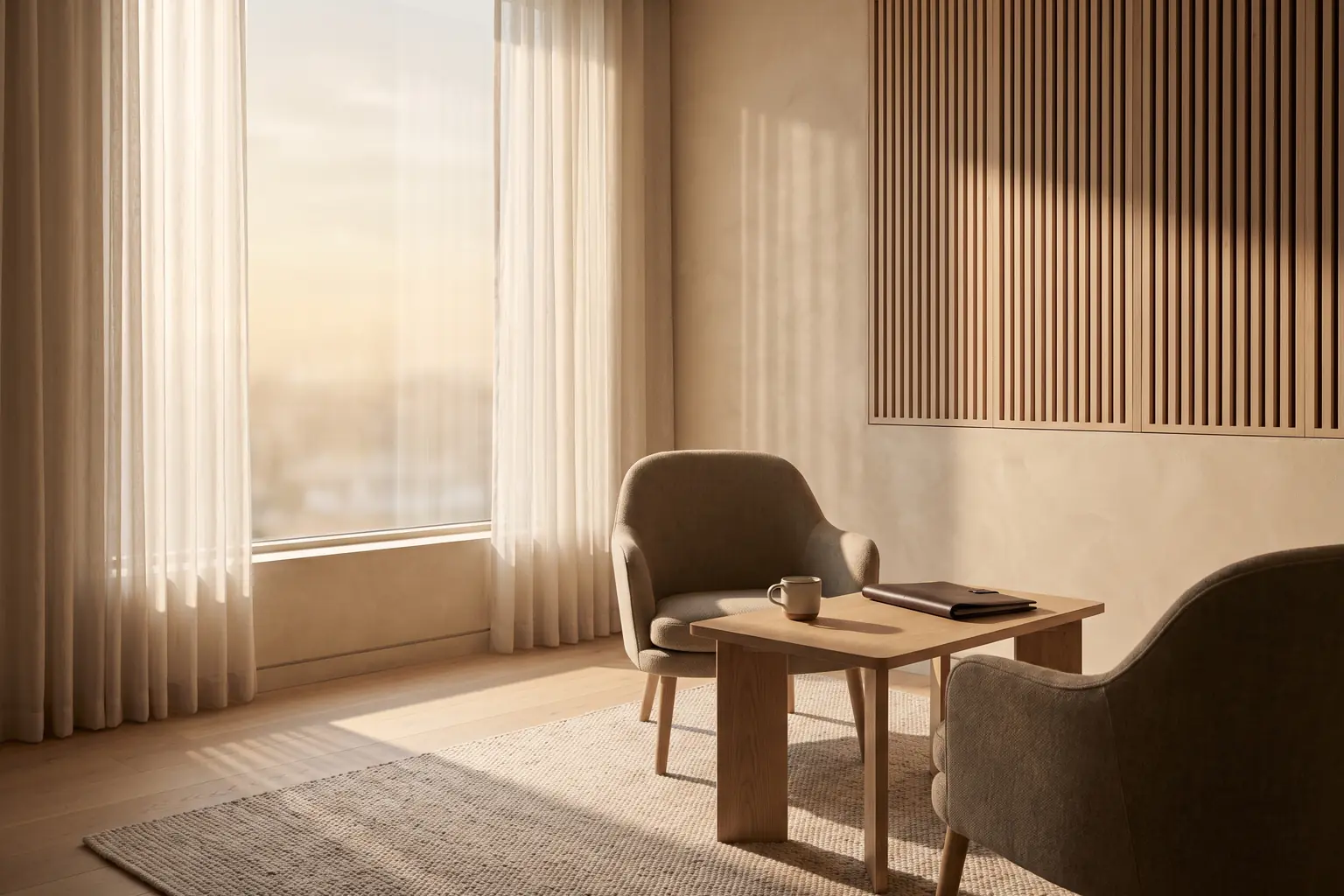 A quiet meeting room at dusk, two chairs across a table, the city skyline beyond