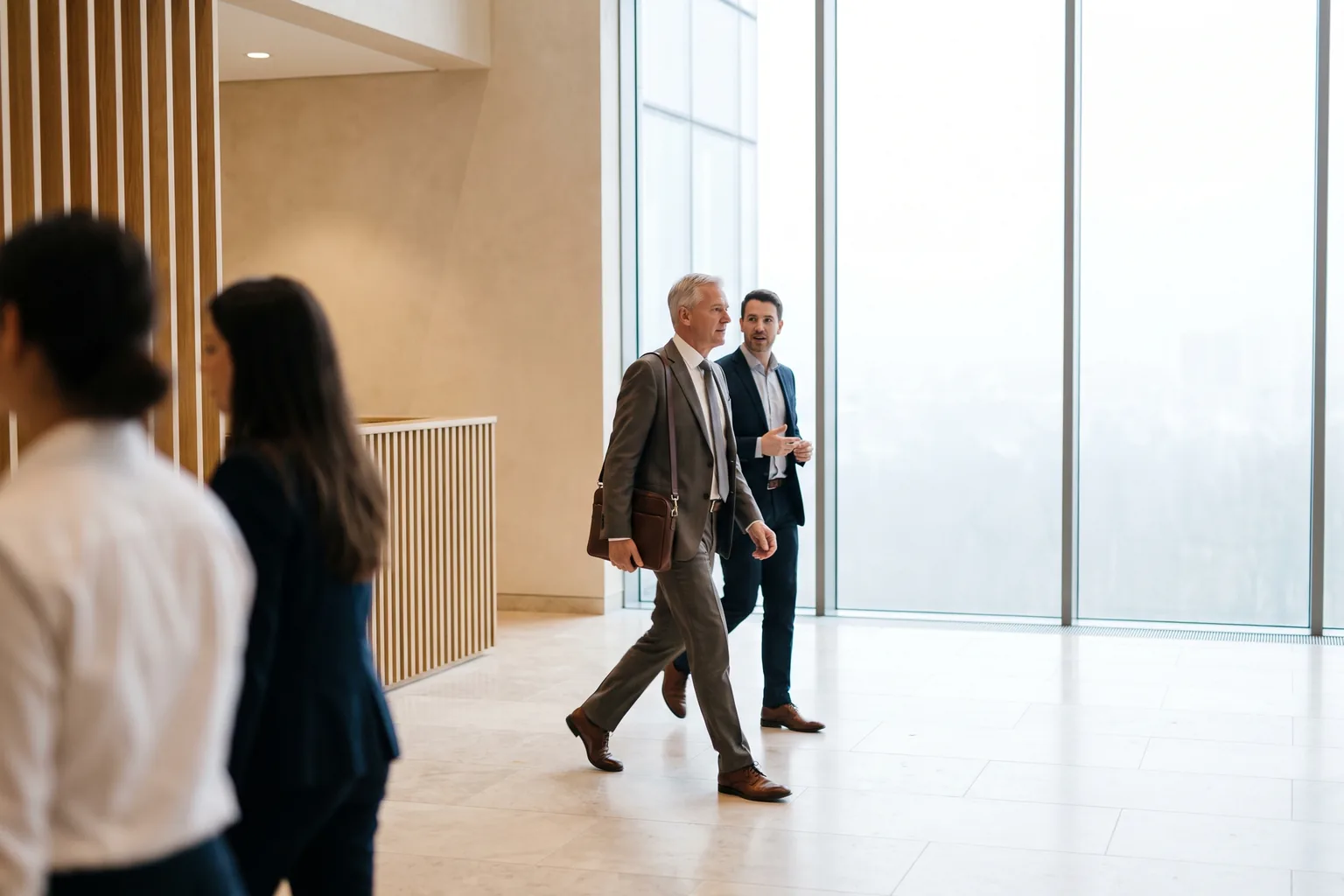 A composed senior executive walking through a bright business-district atrium