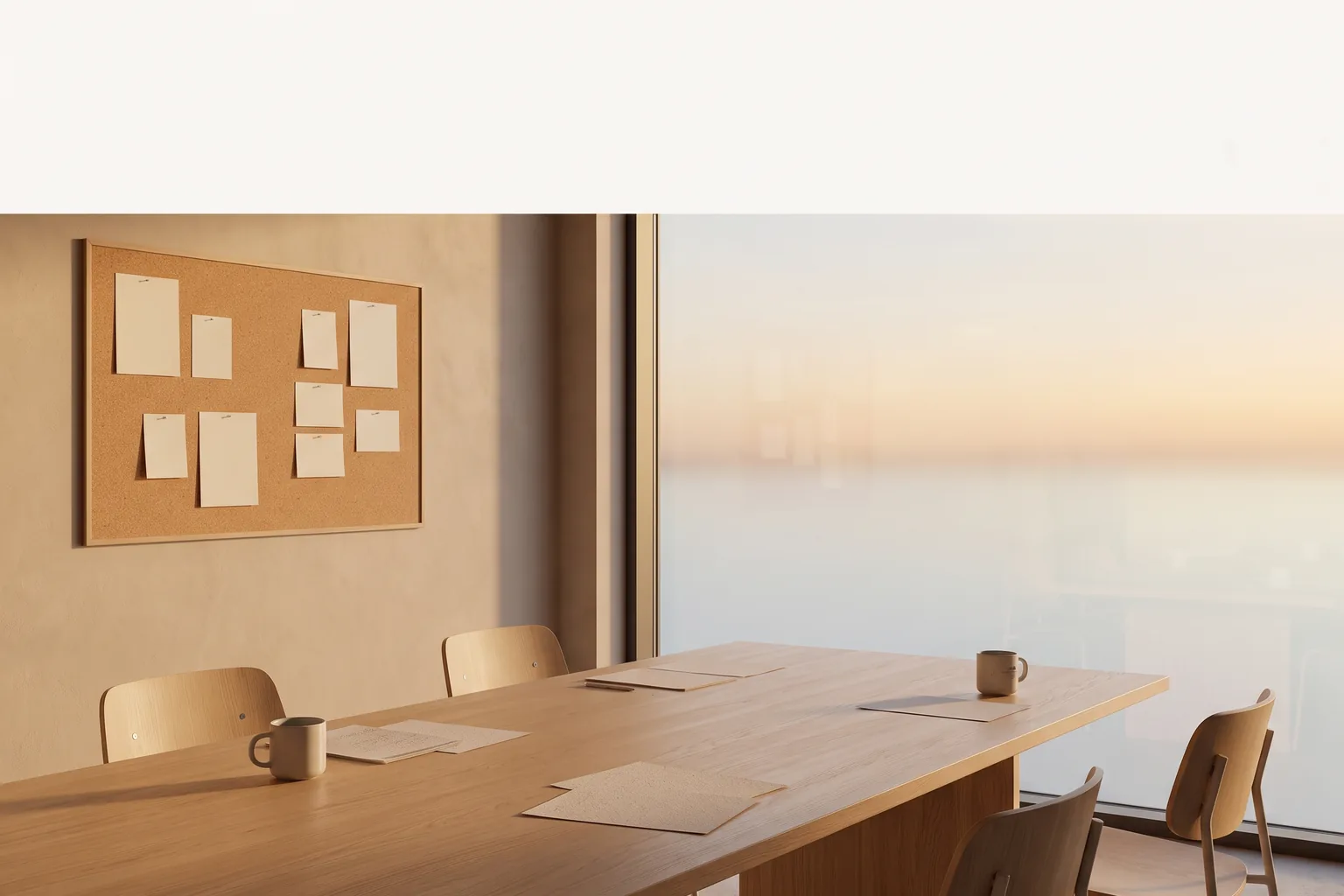 A modern meeting room at dusk with a city view