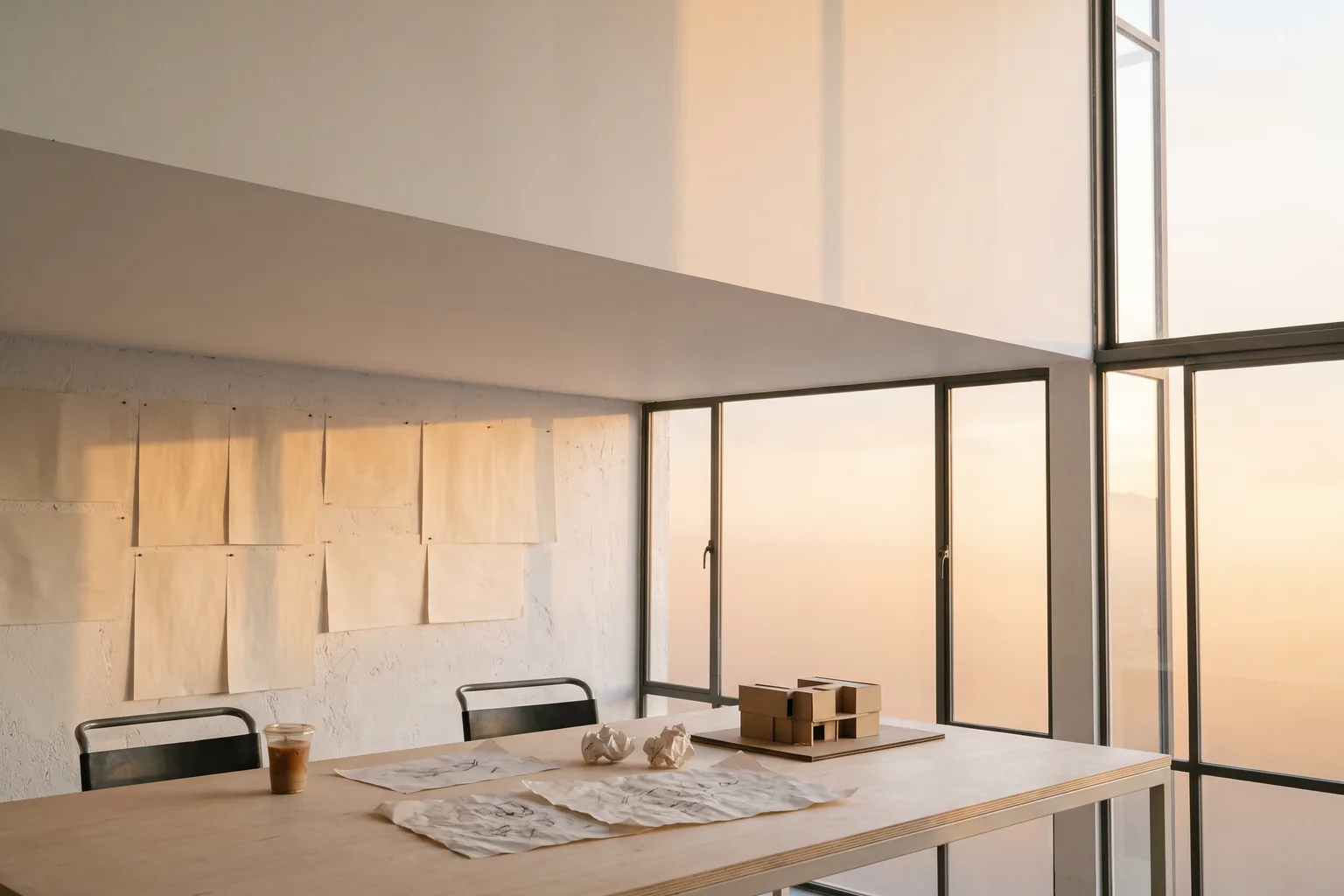 A quiet modern workspace at dusk, city towers beyond the windows
