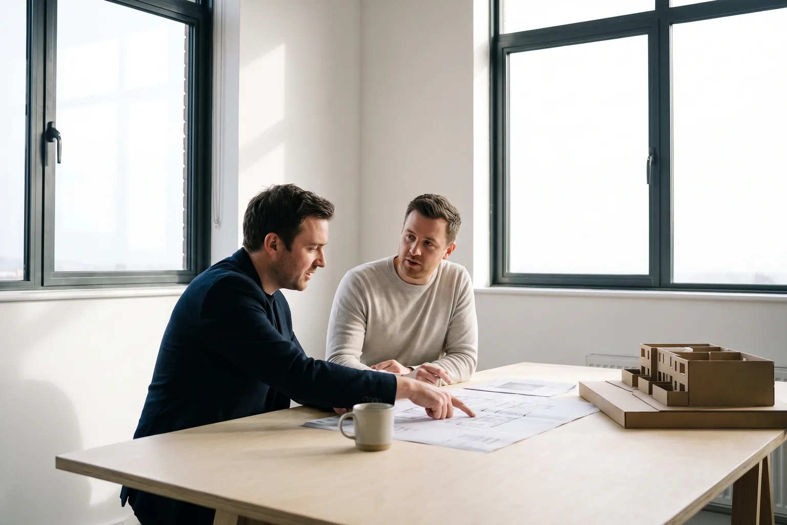 A founder and a senior executive reviewing work together in a bright workspace
