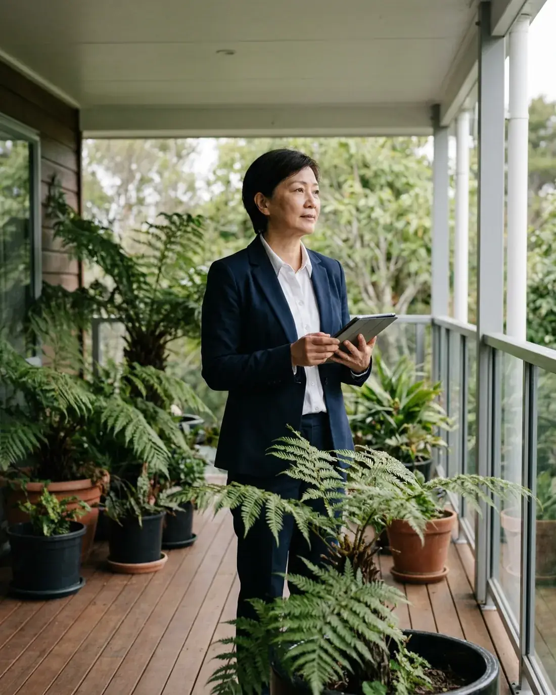 A chief financial officer stands on a covered office deck among ferns and native greenery, holding a tablet